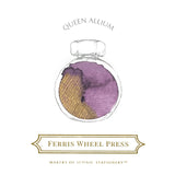 Ferris Wheel Press Queen Allium fountain pen ink in a 38ml bottle, featuring vibrant allium purple with golden sparkles.