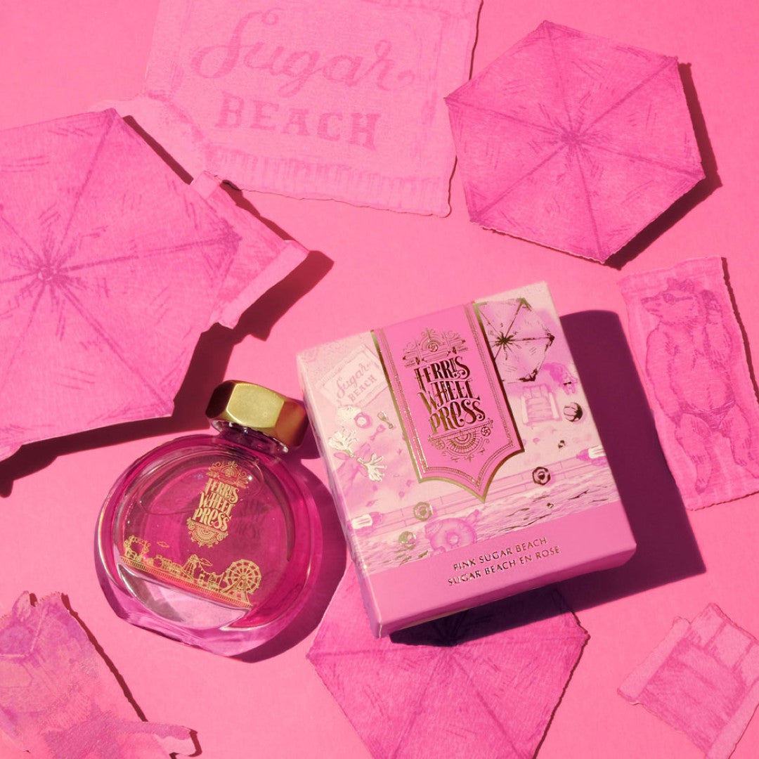 Bright hot pink fountain pen ink with electric blue shimmer, evoking summer vibes of Toronto's Sugar Beach.