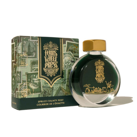 Ferris Wheel Press 38ml fountain pen ink in Spruce County, a calming earthy green perfect for journaling and calligraphy.