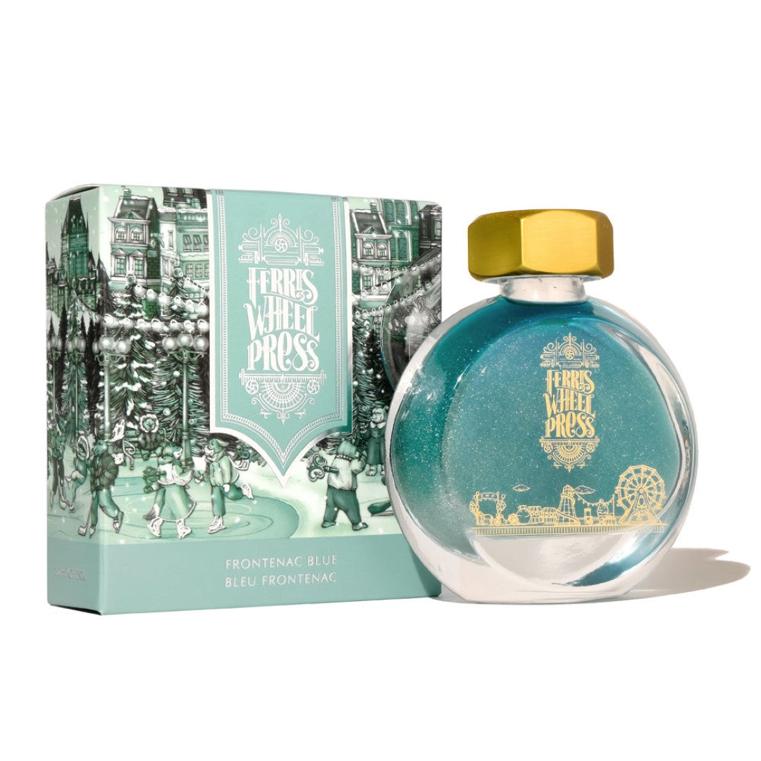 Bottle of Ferris Wheel Press Frontenac Blue ink, 38ml, featuring vibrant blue color, smooth flow, and excellent water resistance.