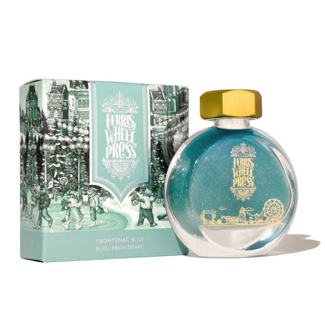 Bottle of Ferris Wheel Press Frontenac Blue ink, 38ml, featuring vibrant blue color, smooth flow, and excellent water resistance.