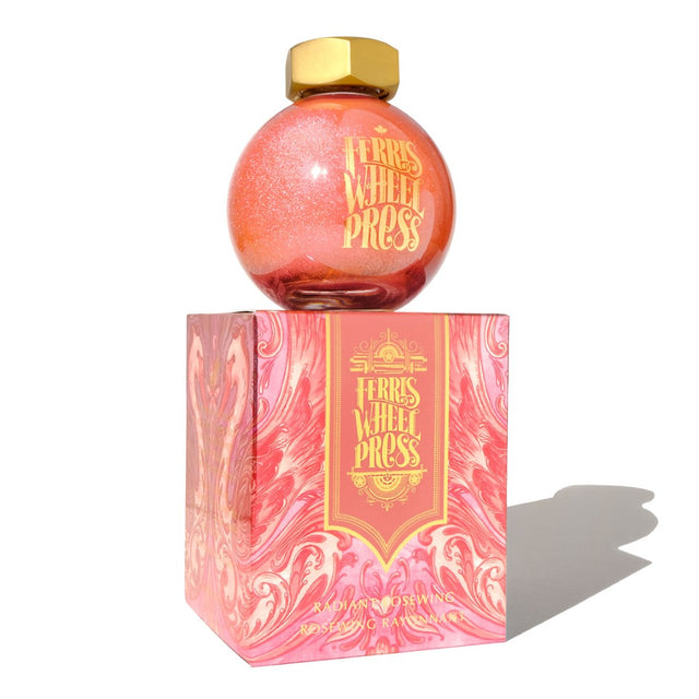 Ferris Wheel Press Radiant Rose Wing ink, 85ml, featuring shimmering rose pink with gold accents, perfect for enchanting writing.