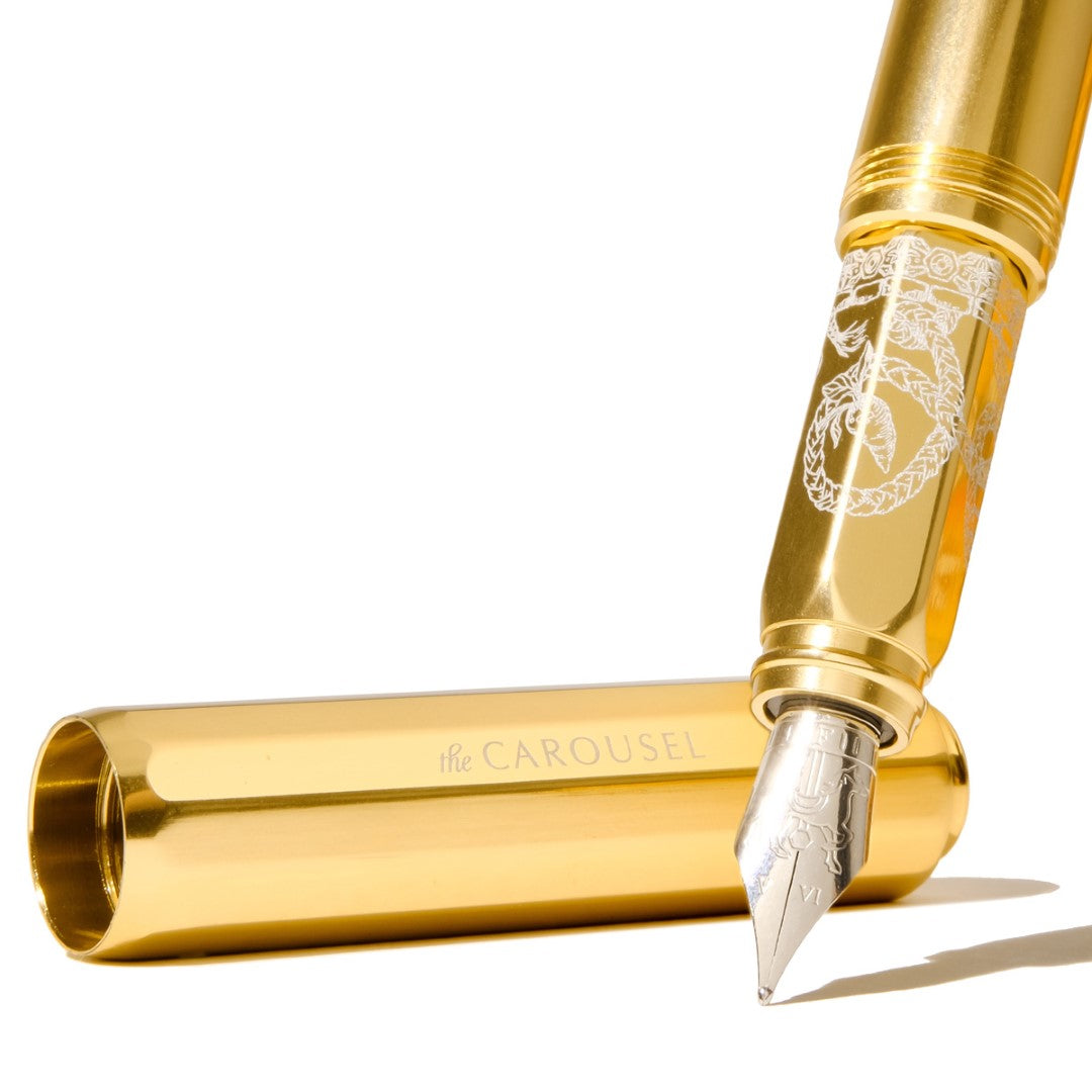 Luxurious Ferris Wheel Press fountain pen with aluminium body and plaited gold finish for smooth, elegant writing.