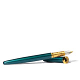 Elegant Ferris Wheel Press fountain pen in teal, featuring a fine nib for precise writing and artistic detail.