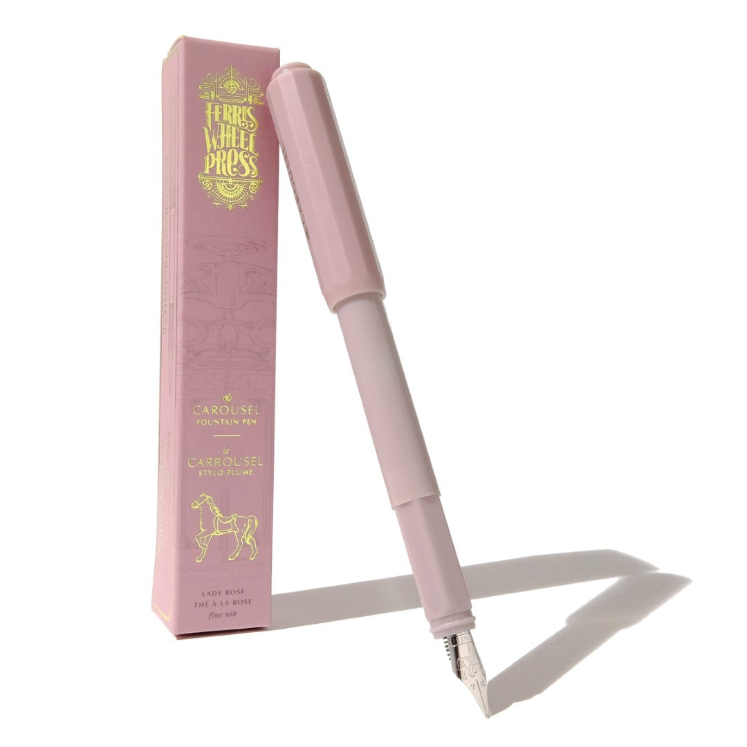 Ferris Wheel Press Lady Rose fountain pen with a glossy acrylic finish and custom-ground nib in six vibrant colors.