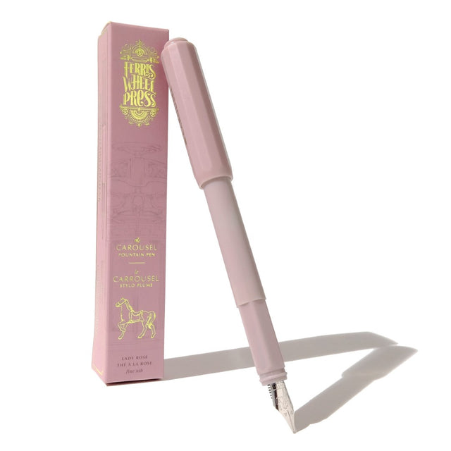 Ferris Wheel Press Lady Rose fountain pen with a glossy acrylic finish and custom-ground nib in six vibrant colors.