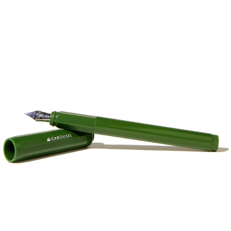 Ferris Wheel Press medium fountain pen with a glossy acrylic body, custom steel nib, and air-sealed click locking cap.