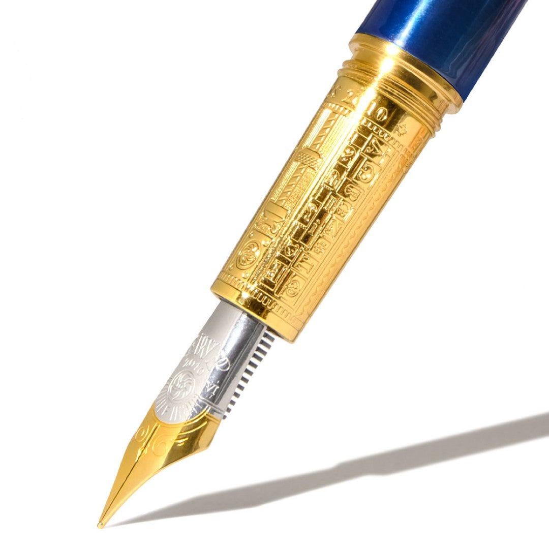 Ferris Wheel Press Joule Luna Celeste Fine fountain pen in brass with sapphire lacquer, gold-plated details, and leather sleeve.