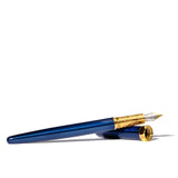 Ferris Wheel Press Bijou Luna Celeste fountain pen in Sapphire Lacquer, featuring a two-tone nib and gold-plated grip for smooth writing.