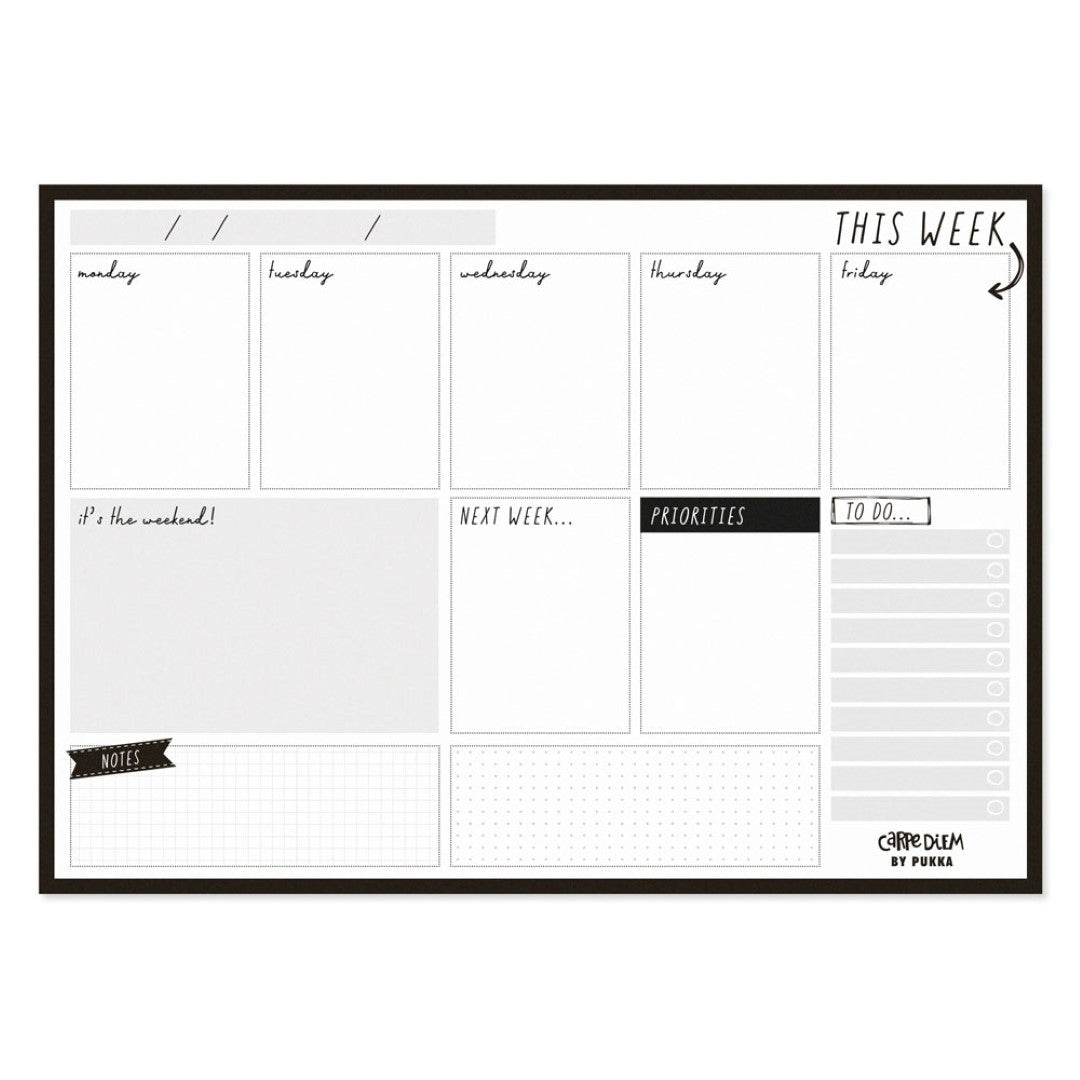 Pukka Carpe Diem Weekly Planner Pad in Black, features 60 tear-away sheets for organized weekly planning and task management.