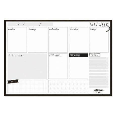 Pukka Carpe Diem Weekly Planner Pad in Black, features 60 tear-away sheets for organized weekly planning and task management.