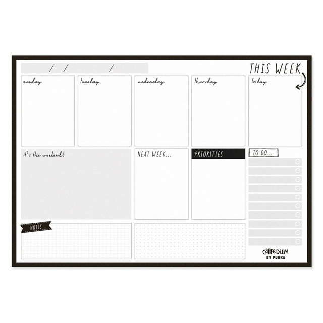 Pukka Carpe Diem Weekly Planner Pad in Black, features 60 tear-away sheets for organized weekly planning and task management.