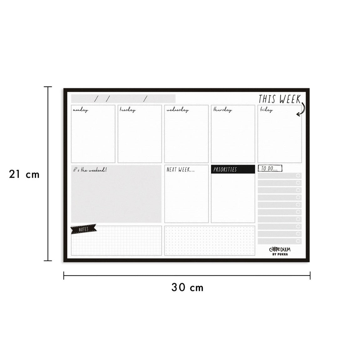 Pukka Carpe Diem Weekly Planner Pad in Black, featuring 60 tear-away sheets for organized weekly planning and productivity.