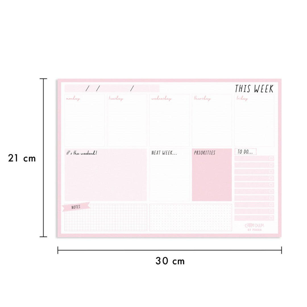 Ballerina Pink weekly planner pad with 60 tear-away sheets, designed for organizing tasks, priorities, and schedules stylishly.