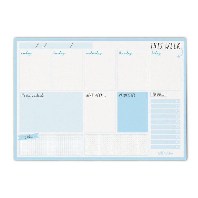 Sky blue weekly planner pad with 60 tear-away sheets, designed for effective organization and task management.