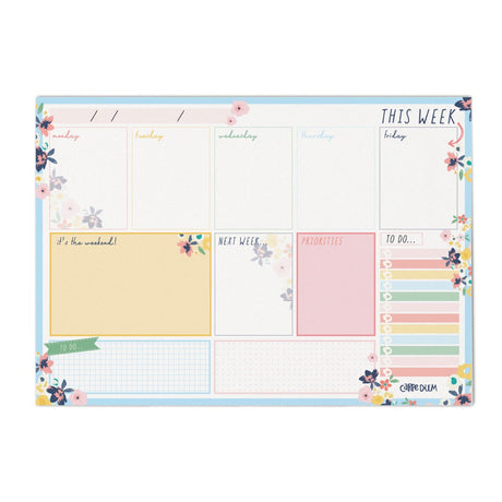 Pukka Carpe Diem Weekly Planner Pad in Ditzy Floral design, featuring 60 tear-away sheets for organized weekly planning.