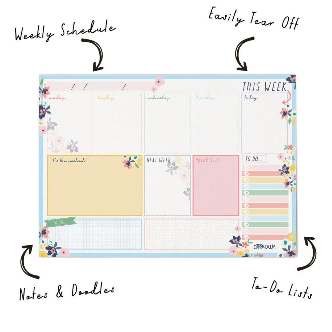 Pukka Carpe Diem Weekly Planner Pad in Ditzy Floral, featuring 60 tear-away sheets for organized weekly planning.