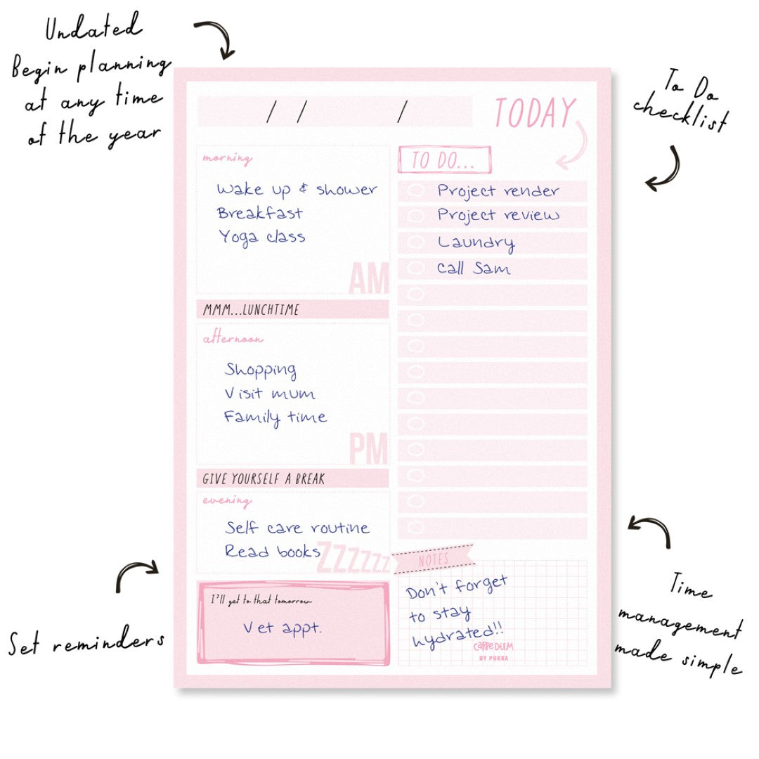 Ballerina Pink daily planner pad with 60 tear-off sheets for efficient scheduling and task management on-the-go.