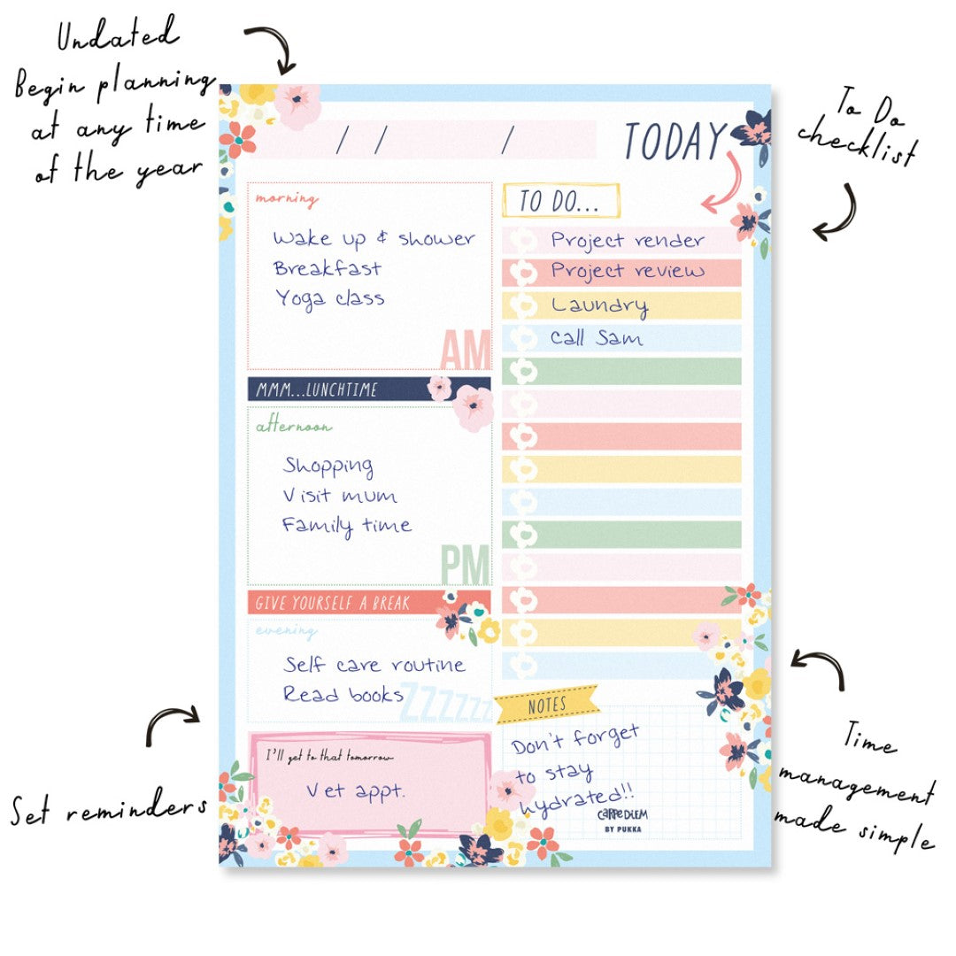 Pukka Carpe Diem Daily Planner Pad in Ditzy Floral features 60 tear-off sheets for effective daily organization and charm.