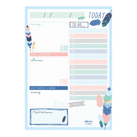 Pukka Carpe Diem Daily Planner Pad featuring feather design, 60 tear-off sheets for efficient daily organization and planning.