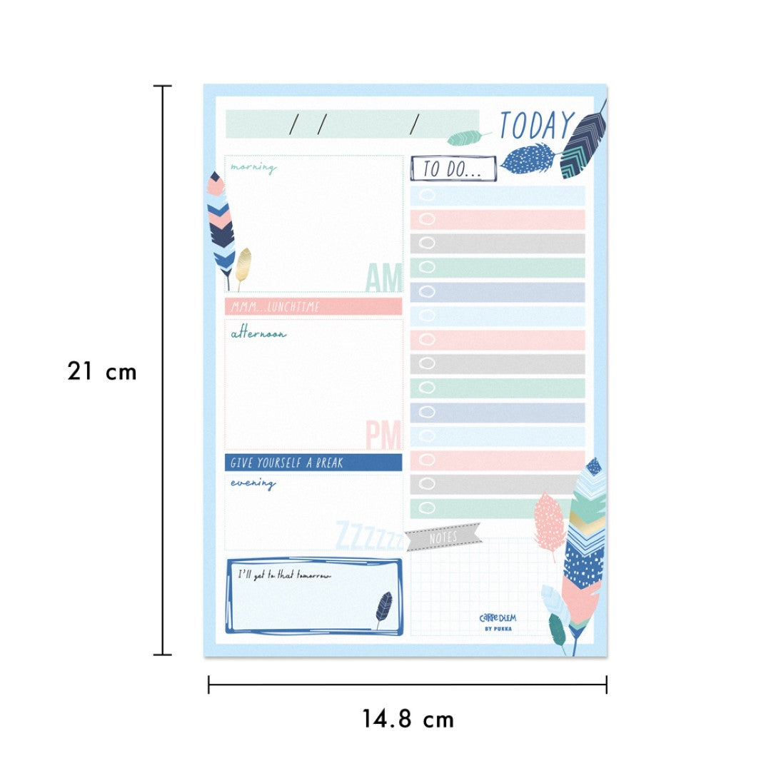 Pukka Carpe Diem Daily Planner Pad with feather design, featuring 60 tear-off sheets for effective organization and productivity.