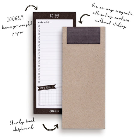 Pukka Carpe Diem Magnetic To Do List in black, featuring 60 tear-off sheets and a robust magnetic back for easy organization.