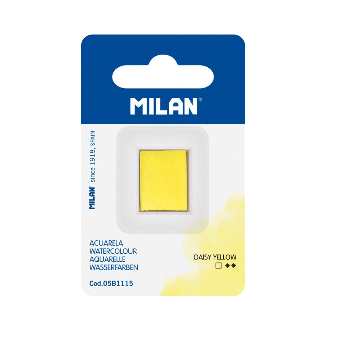 Milan Watercolour Paint Half Pan Refill in Daisy Yellow, vibrant, non-toxic pigment, perfect for mixing and layering in artwork.