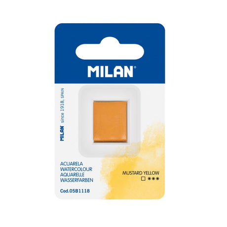 Milan Watercolour Paint Half Pan Refill in Mustard Yellow, featuring vibrant, non-toxic hues for artists' palettes.