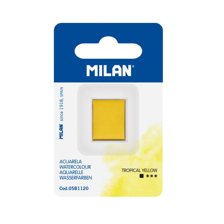 Milan Tropical Yellow watercolour refill pan, vibrant, opaque, fade-resistant, compact for easy mixing and travel.