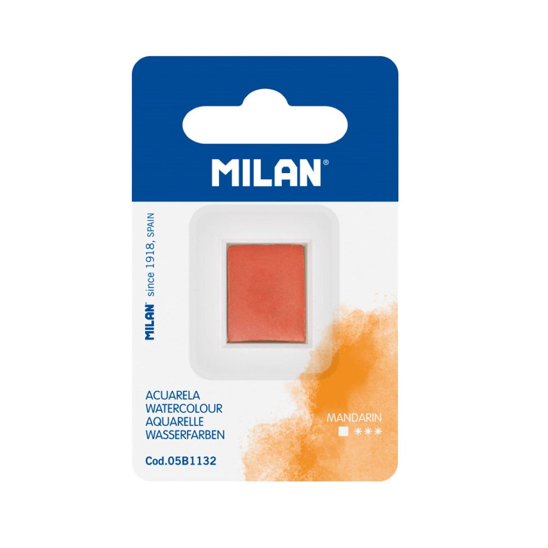 Milan Watercolour Paint half pan refill in vibrant Mandarin, ideal for artists, fade-resistant, and easy to mix.