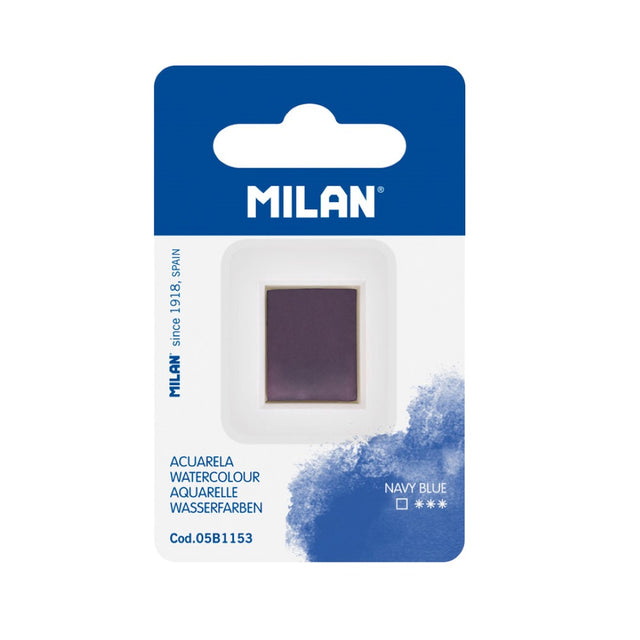 Milan Navy Blue watercolour pan refill, featuring non-toxic pigments, exceptional opacity, and easy blending for vibrant artwork.