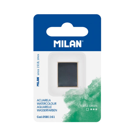 Milan Turtle Green watercolour half pan refill, featuring high-quality, fade-resistant pigments for vibrant and blendable art.