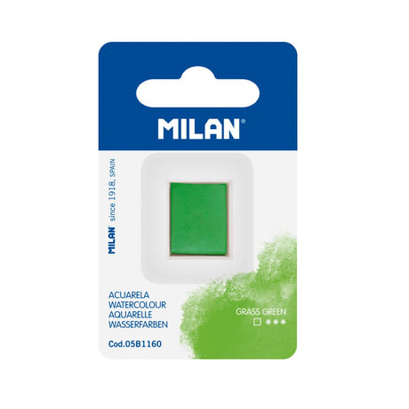 Milan Grass Green watercolour refill pan, 1.5cm x 2cm, vibrant, non-toxic, opaque, perfect for blending and custom palettes.