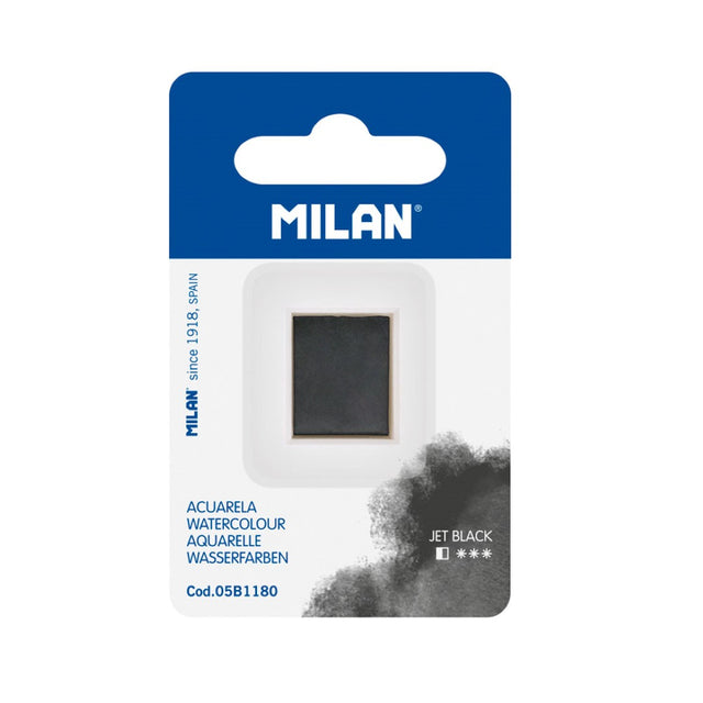 Milan Jet Black watercolour paint half pan refill; non-toxic, opaque, fade-resistant, ideal for artists on the go.