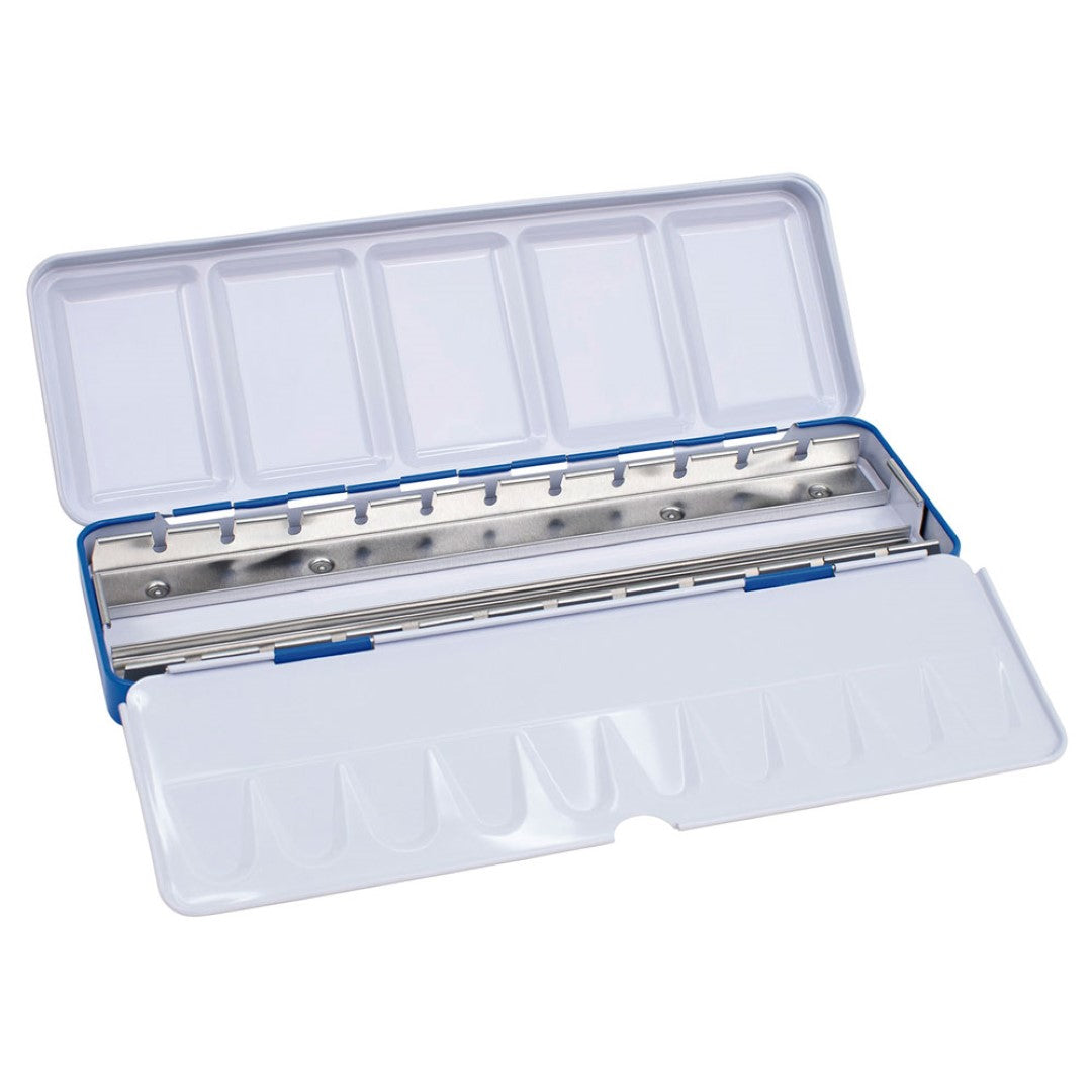 Milan Paint Palette with 24 compartments, featuring a sleek blue metal exterior and white interior for easy color mixing.