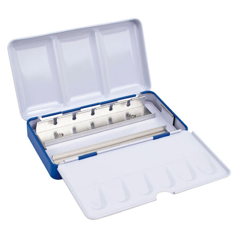 Milan Paint Palette with 12 compartments, durable metal design, sleek blue exterior, ideal for watercolor artists.