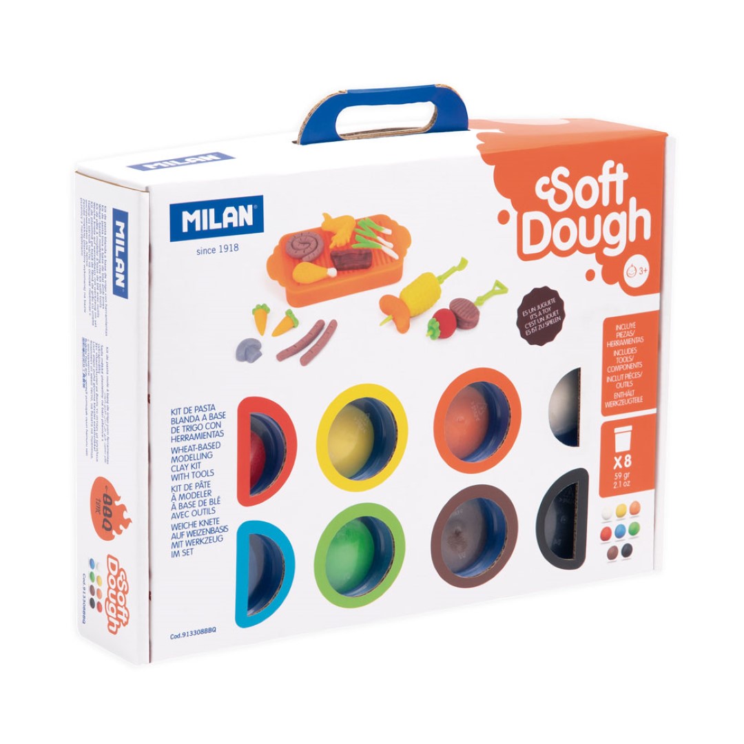 Milan Soft Dough BBQ Time Play Kit with 8 vibrant colors and 13 tools for creative, safe, and reusable play.