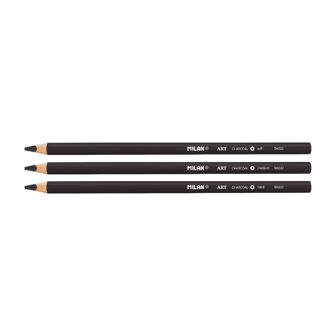 Assorted pack of 3 Milan Charcoal Art Pencils with varying hardness for versatile sketching and shading.