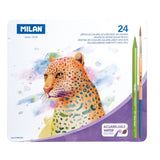 Milan Wood-Free Water Soluble Colored Pencils Set of 25, eco-friendly, vibrant colors for watercolor effects and detailed illustrations.