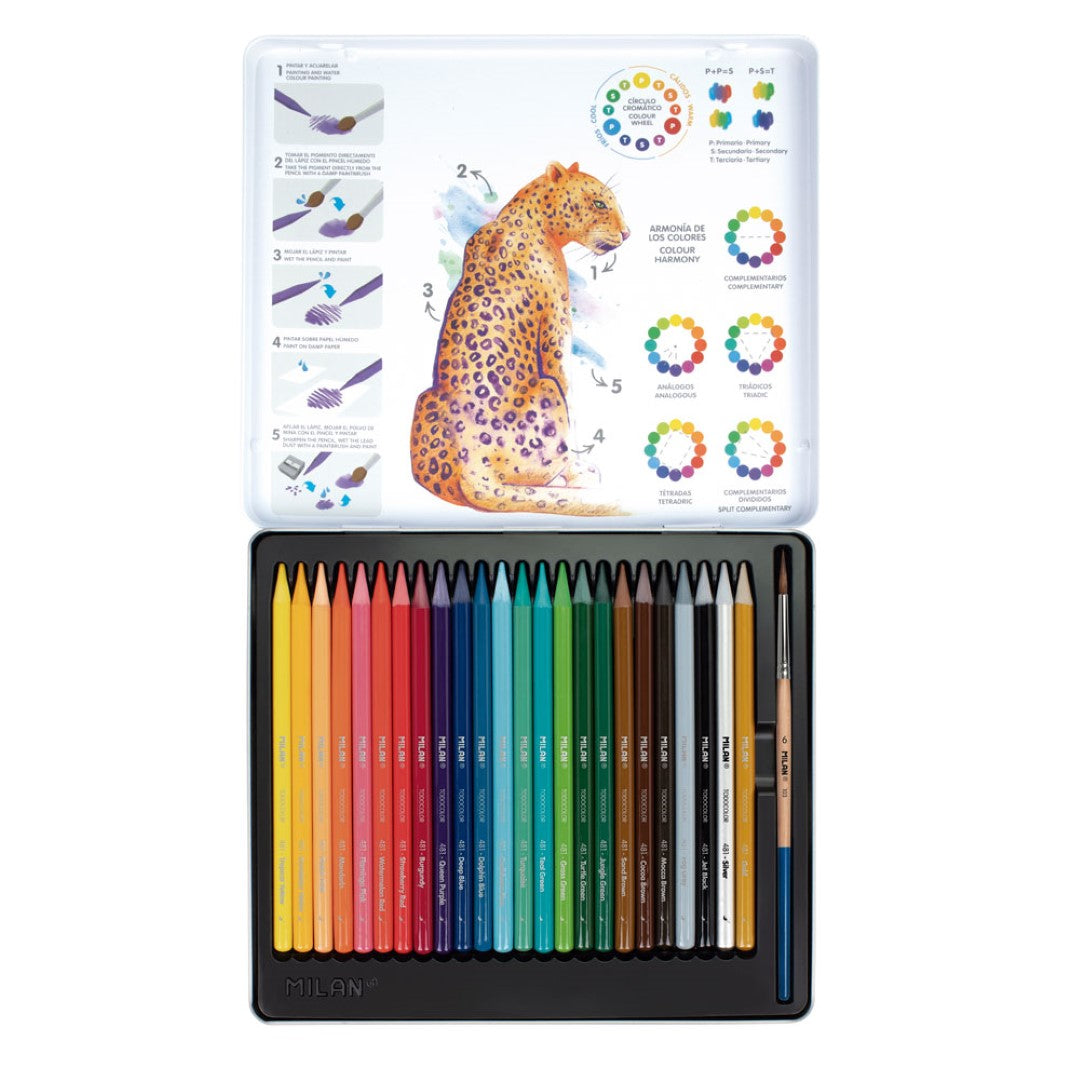 Milan Wood Free Water Soluble Colored Pencils Set of 25, ideal for vibrant watercolor effects and creative artwork.