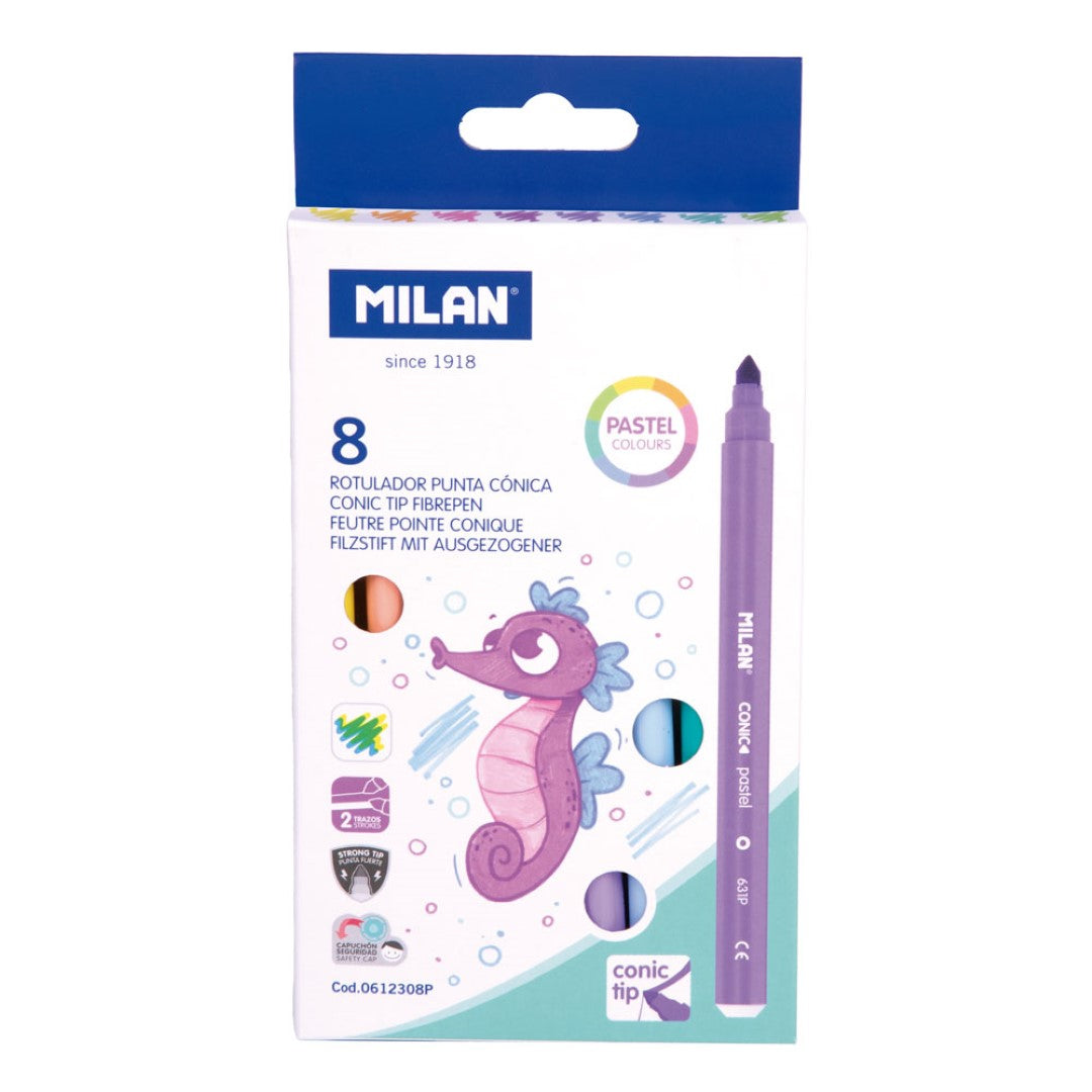 Milan Markers Conic Tip Pack featuring 8 pastel colors, ideal for vibrant art with a versatile 5mm conical tip.