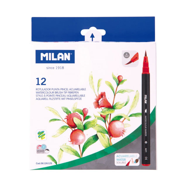 Vibrant set of 12 Milan watercolour markers with brush tips, perfect for creative lettering, painting, and easy cleanup.