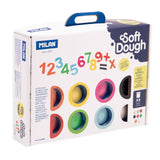 Vibrant dough kit with 8 colorful cans and number shapes for creative math learning and fine motor skill development.