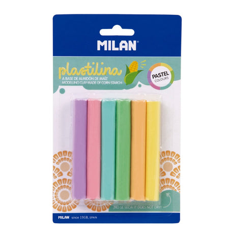 Milan Plastilina Modelling Clay Pastel set with 6 vibrant colors, soft, non-toxic, perfect for creative sculpting and crafting.