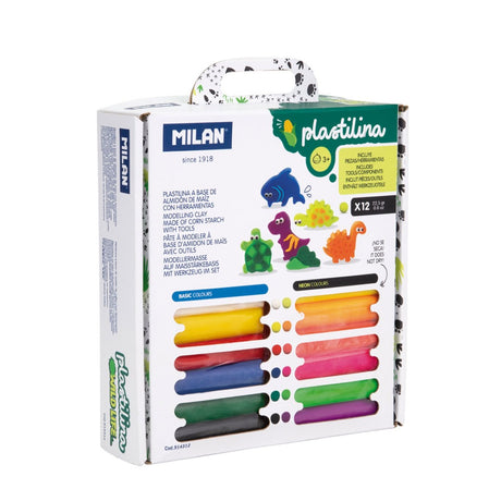 Vibrant Milan Plastilina Modelling Clay set with 12 colors for creating safe, non-toxic wildlife figures and includes tools.