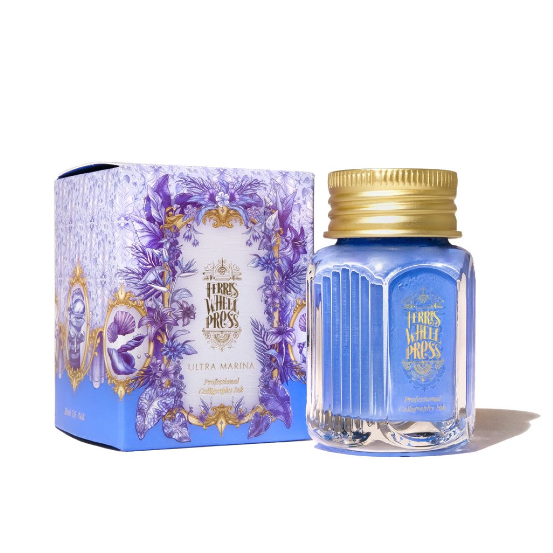 Ferris Wheel Press Ultra Marina calligraphy ink in deep periwinkle blue, perfect for crafting elegant scripts and vibrant narratives.