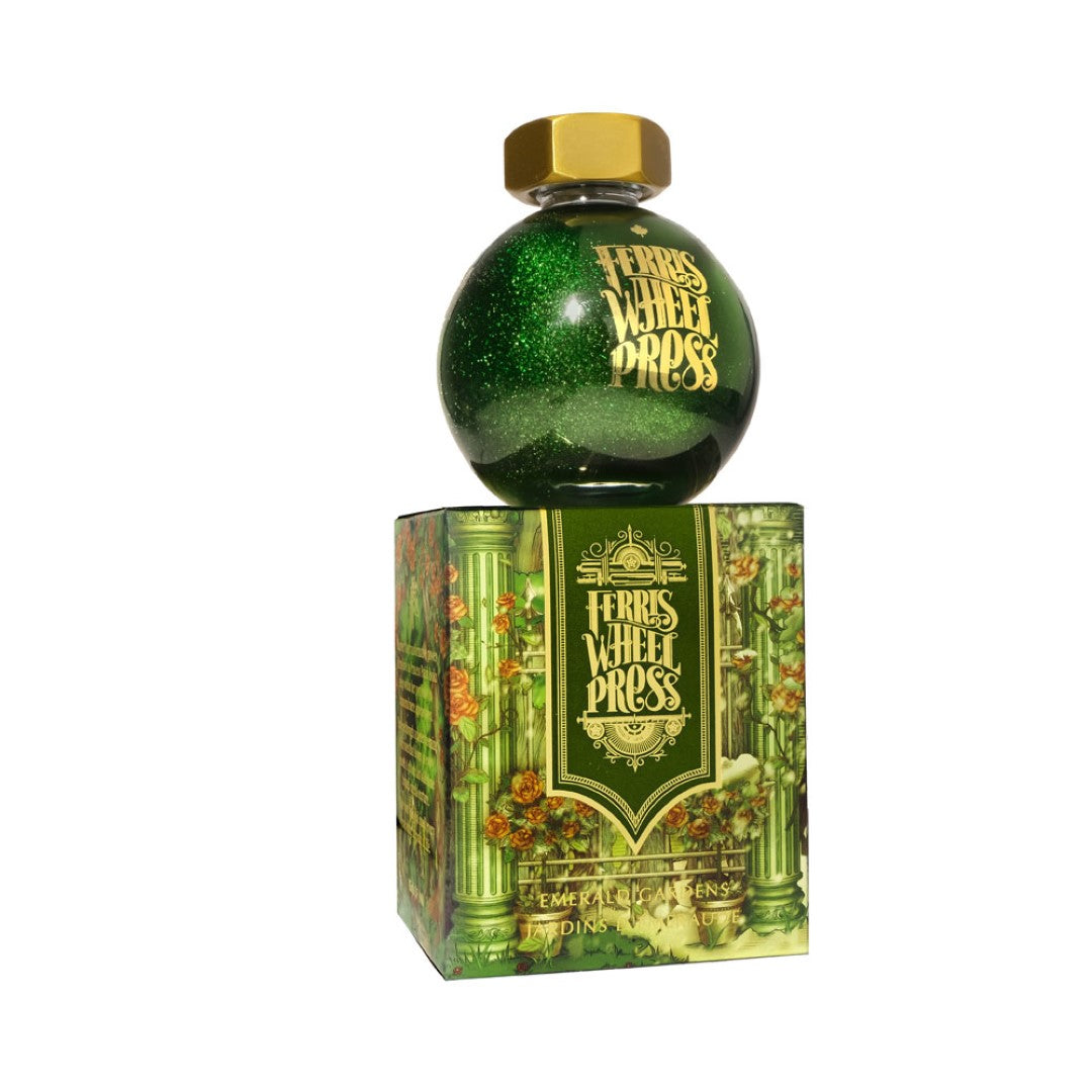 Bottle of Ferris Wheel Press Fountain Pen Ink in Ferritables Emerald Gardens, showcasing vibrant leaf green with gold shimmer.