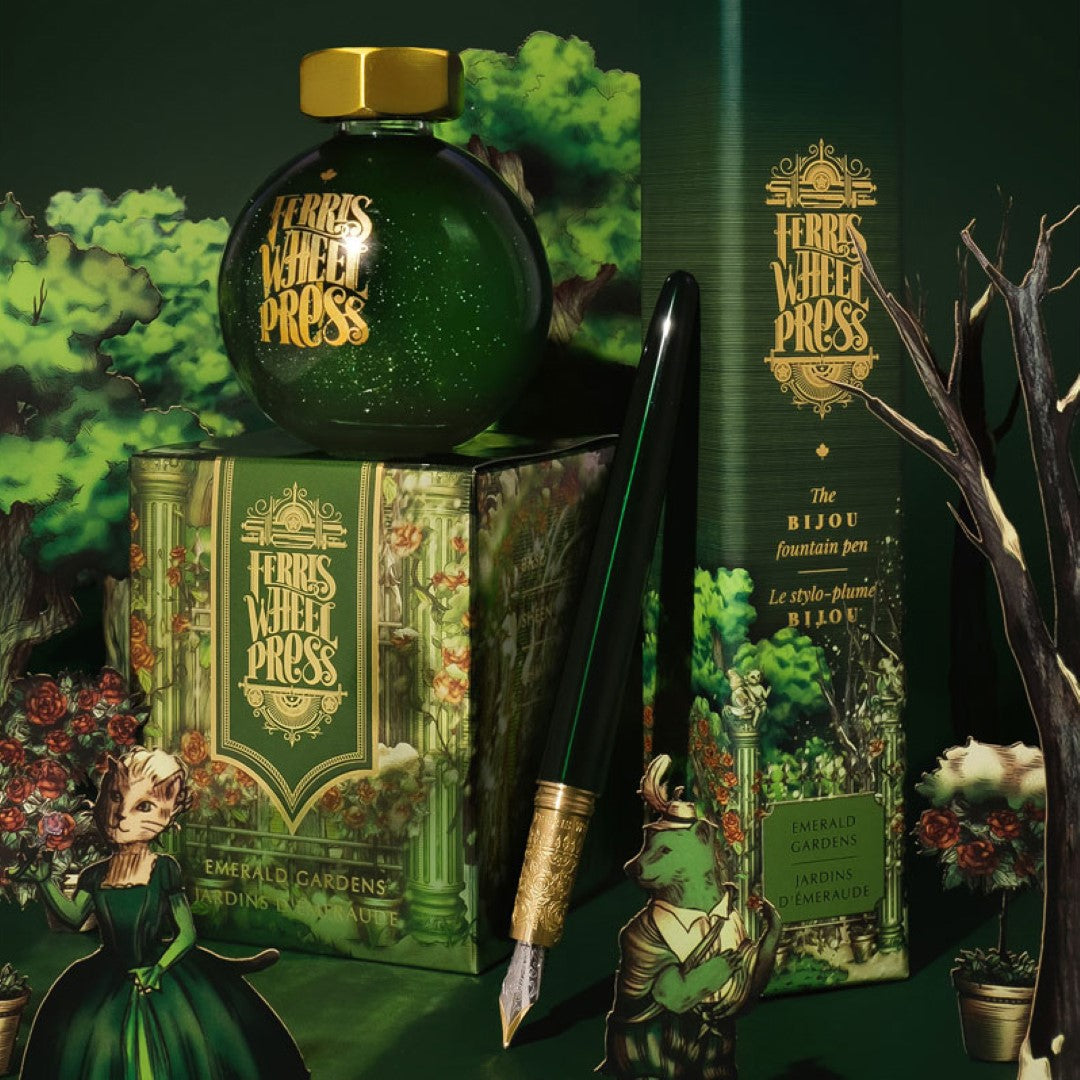 Bottle of Ferris Wheel Press Ferritables Emerald Gardens ink, featuring vibrant leaf green with shimmering duochrome gold.