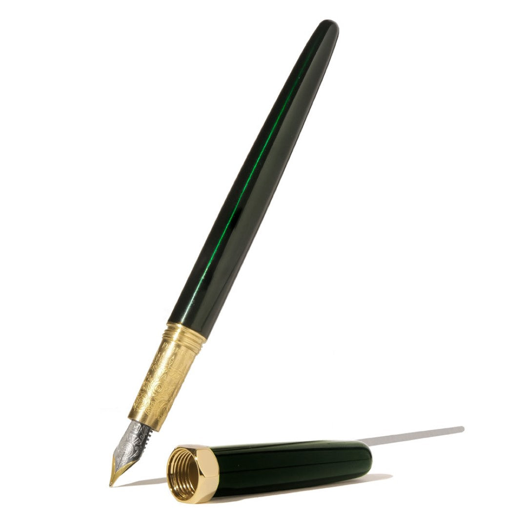 Ferris Wheel Press Bijou Emerald Gardens Fountain Pen in emerald green, featuring a two-tone nib and engraved brass grip.