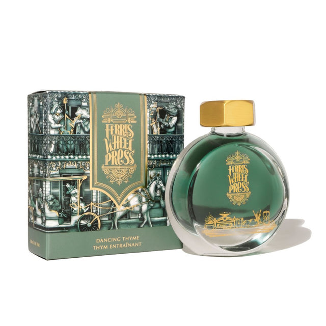 Thyme green fountain pen ink in a 38ml bottle, inspired by the vibrant spirit of New Orleans and perfect for elegant writing.